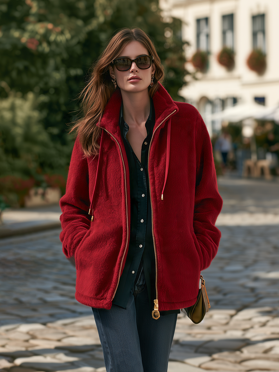 Resort-style Stand-up Collar Drawstring Long-sleeved Solid Color Jacket