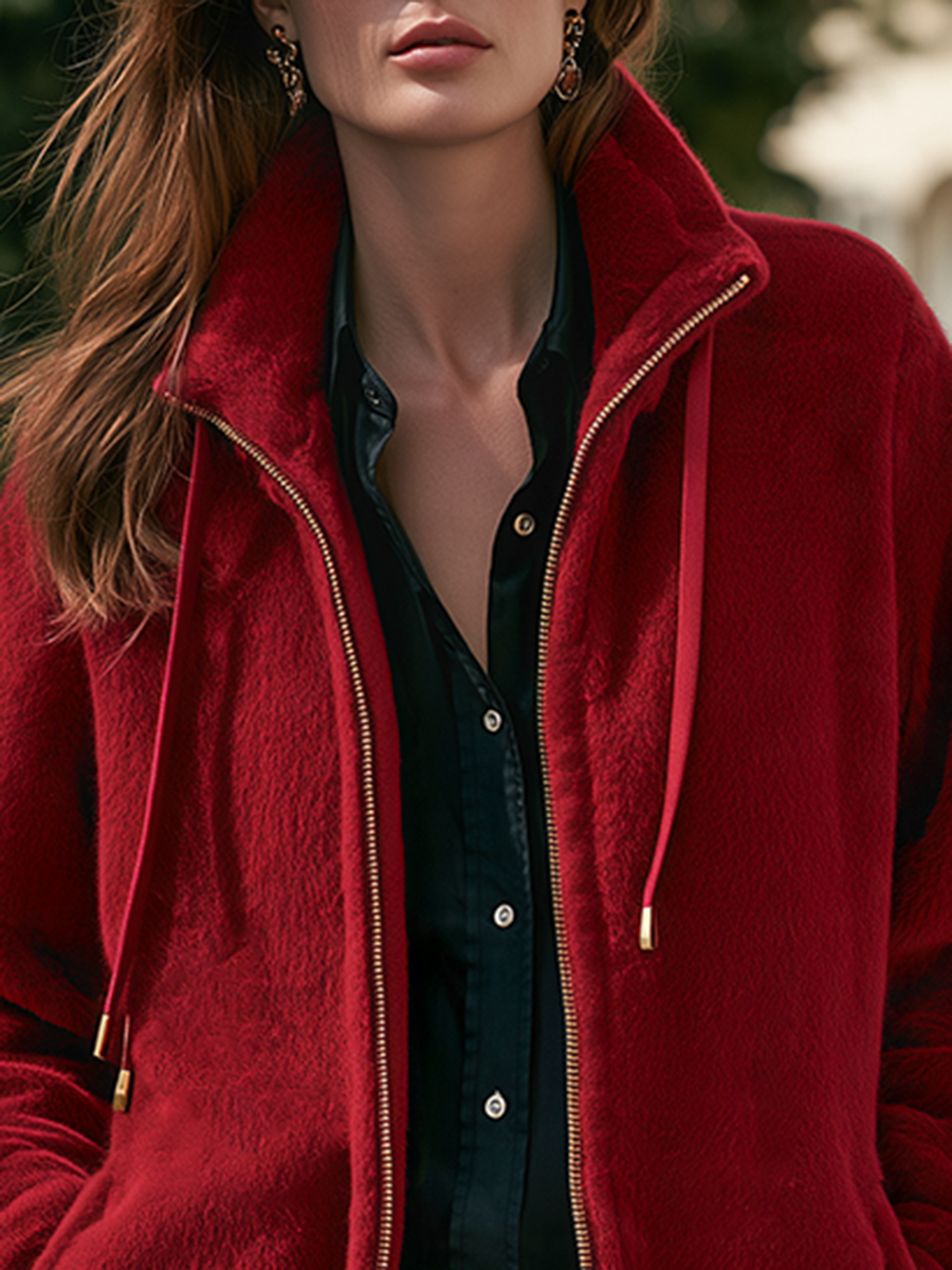 Resort-style Stand-up Collar Drawstring Long-sleeved Solid Color Jacket
