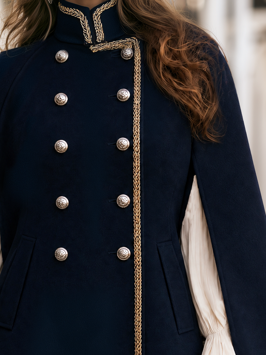 Navy Gold Braided Trim Double Breasted Stand Collar Military Cape Coat