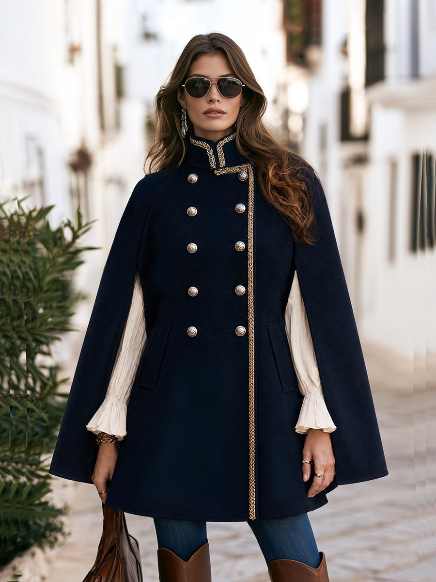 Navy Gold Braided Trim Double Breasted Stand Collar Military Cape Coat
