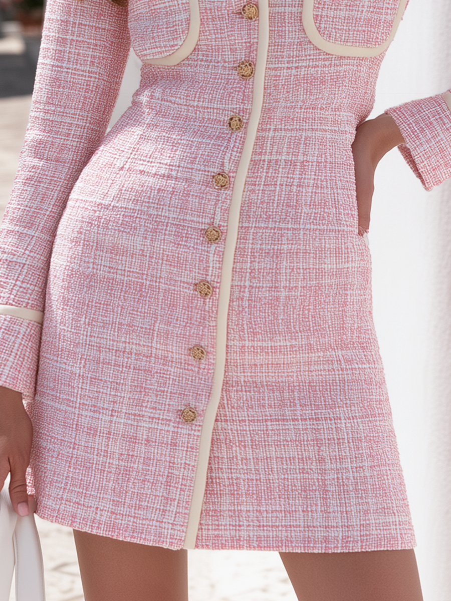 Pink Tweed Contrast Piping Gold Button Stand Collar Pocket Slim Mini Dress
