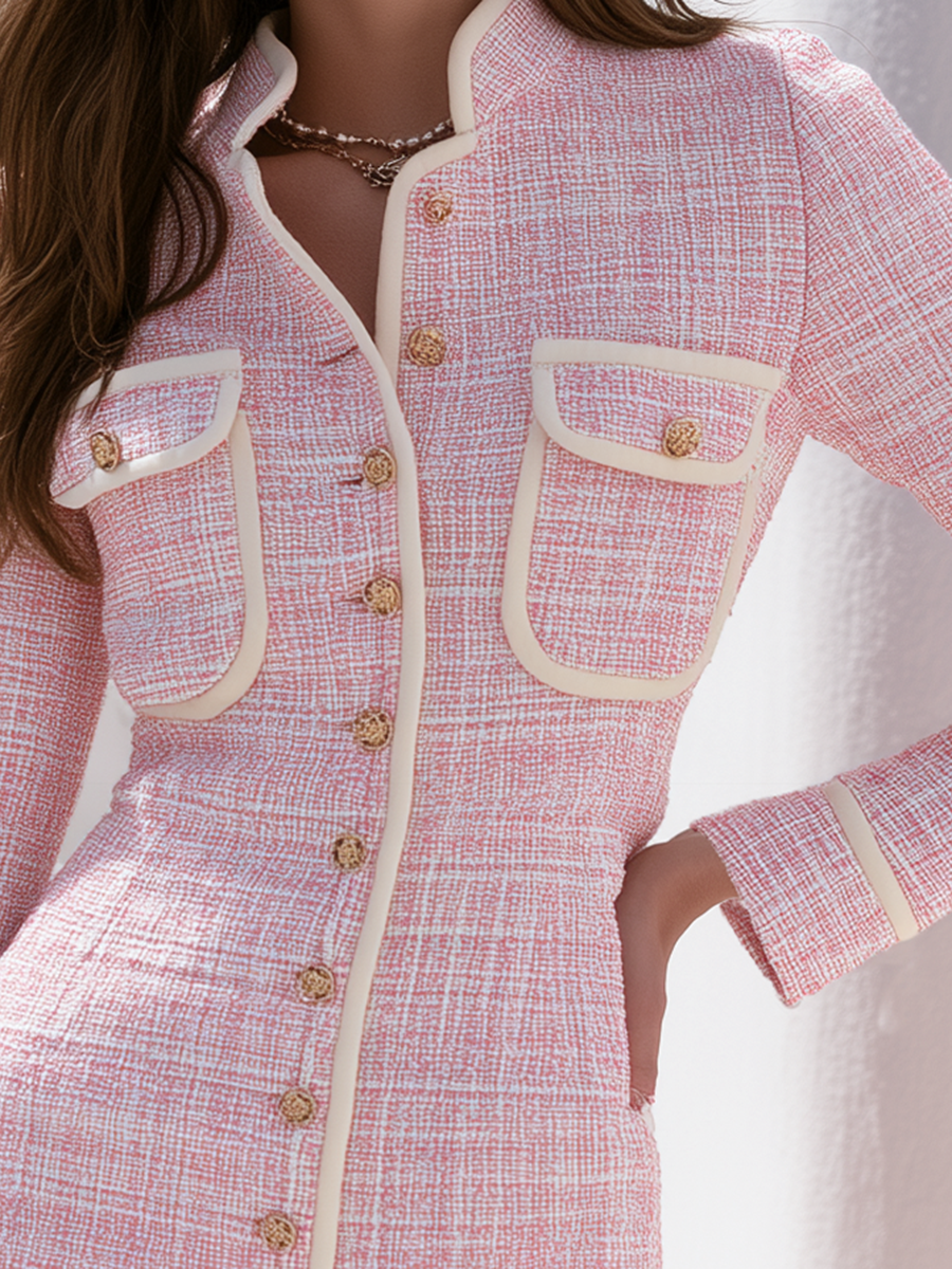 Pink Tweed Contrast Piping Gold Button Stand Collar Pocket Slim Mini Dress