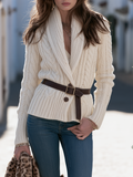 Autumn Shawl Collar Cable Knit Belt Wrap Slim Fit Knit Cardigan