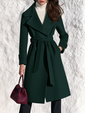 Cozy Dark Green Notched Lapel Self Belted Wrap Long Wool Coat