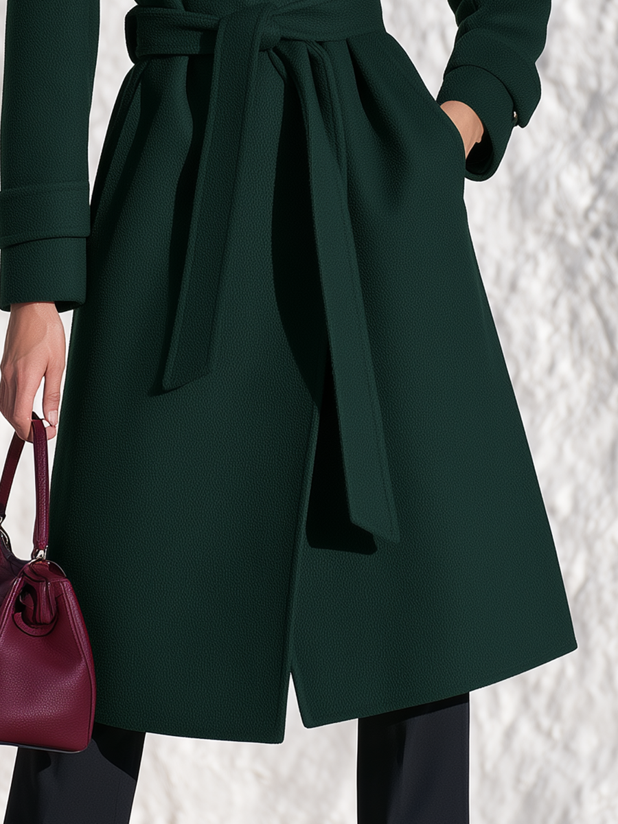 Cozy Dark Green Notched Lapel Self Belted Wrap Long Wool Coat