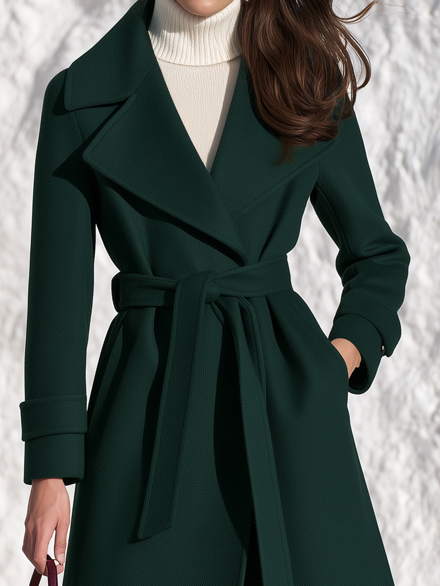 Cozy Dark Green Notched Lapel Self Belted Wrap Long Wool Coat