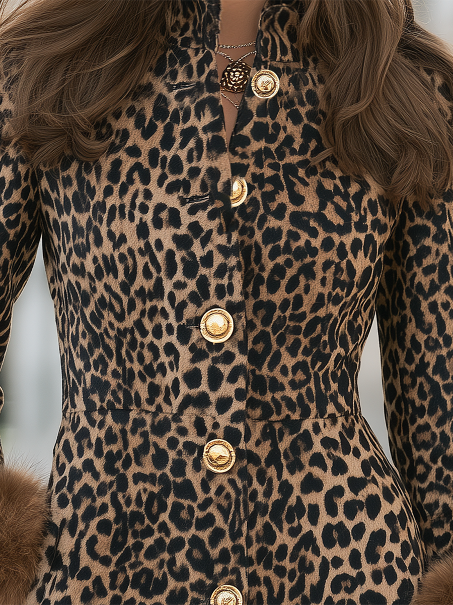 Leopard Print Stand Collar Faux Fur Cuff Gold Button Mid-Length Coat