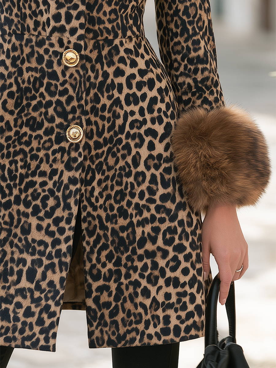Leopard Print Stand Collar Faux Fur Cuff Gold Button Mid-Length Coat