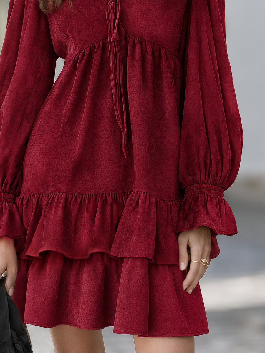Christmas Red V-Neck Tie-Waist Puff Sleeve Layered Ruffle Bohemian Style Mini Dress