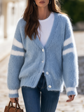 Vacation-style V-neck Long-sleeve Striped Knit Cardigan