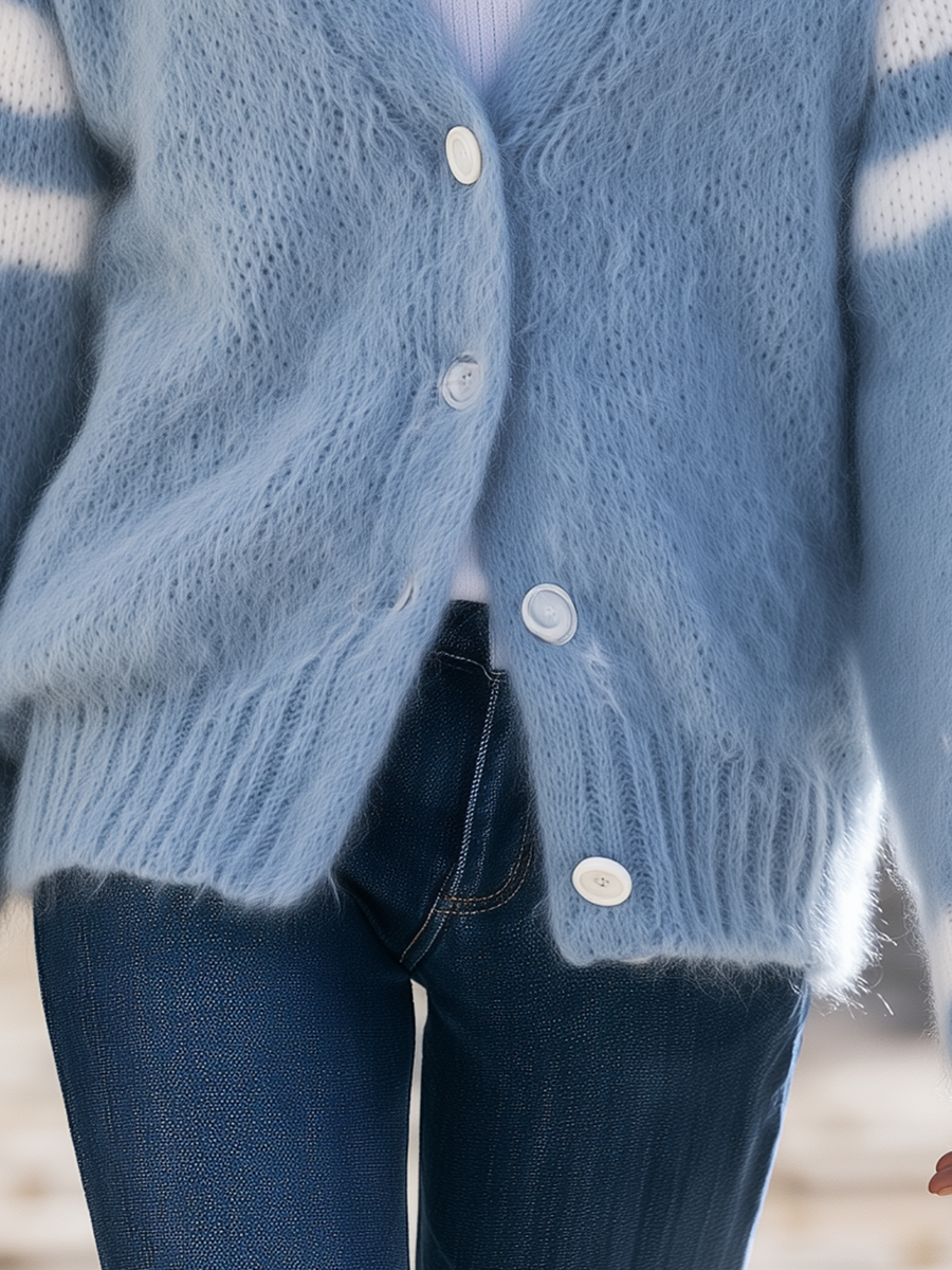 Vacation-style V-neck Long-sleeve Striped Knit Cardigan