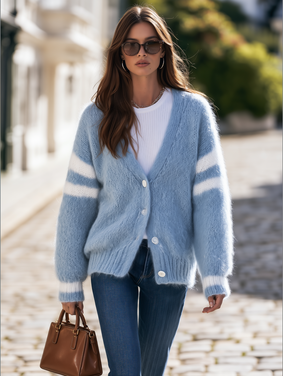 Vacation-style V-neck Long-sleeve Striped Knit Cardigan