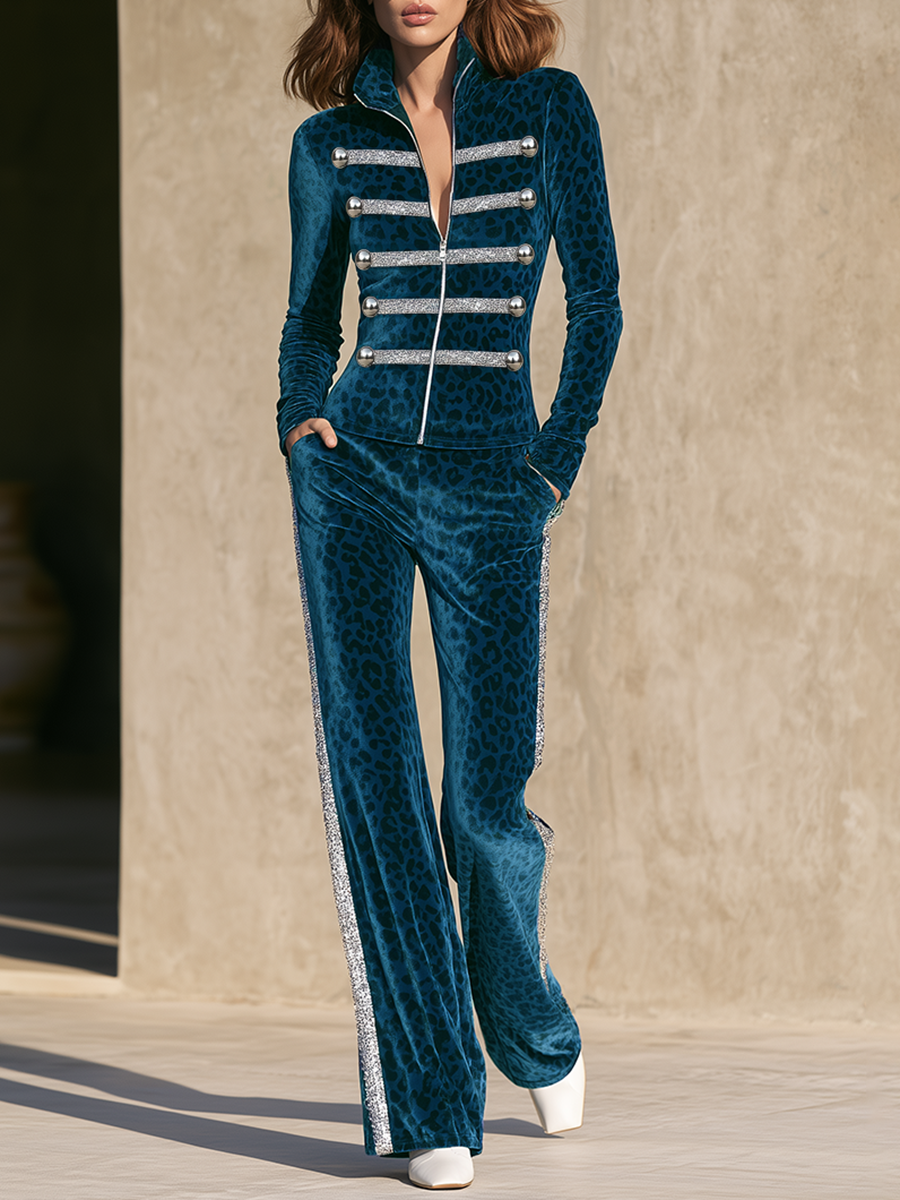 Vintage-style Silver-trimmed Blue Leopard-print Velvet Wide-leg Trouser Set