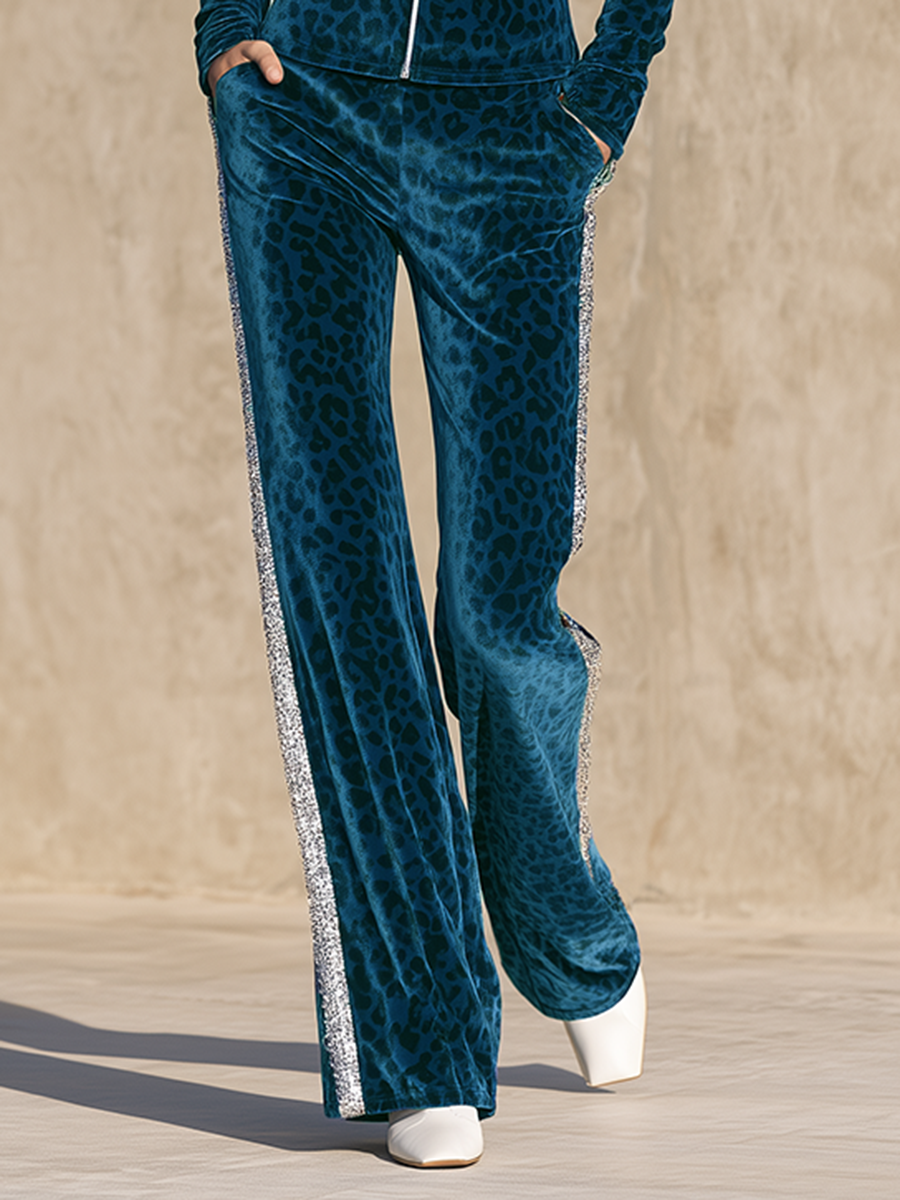 Vintage-style Silver-trimmed Blue Leopard-print Velvet Wide-leg Trouser Set