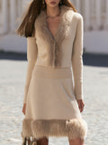 Luxury Boho Beige Faux Fur Trim Knit Skirt Set