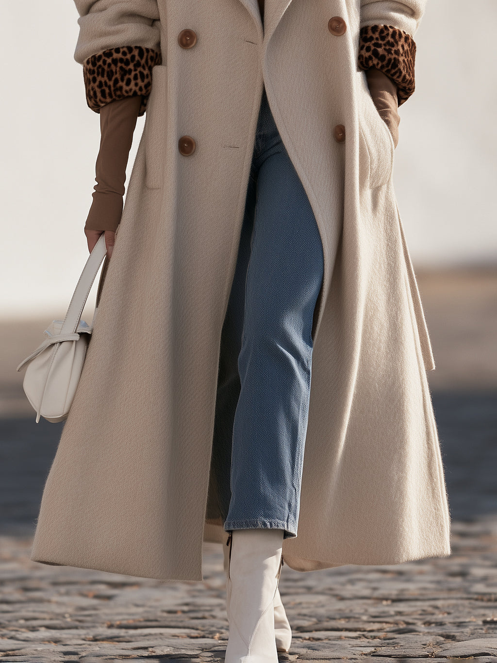Chic Old Money Off White Leopard Cuff Double Breasted Long Coat