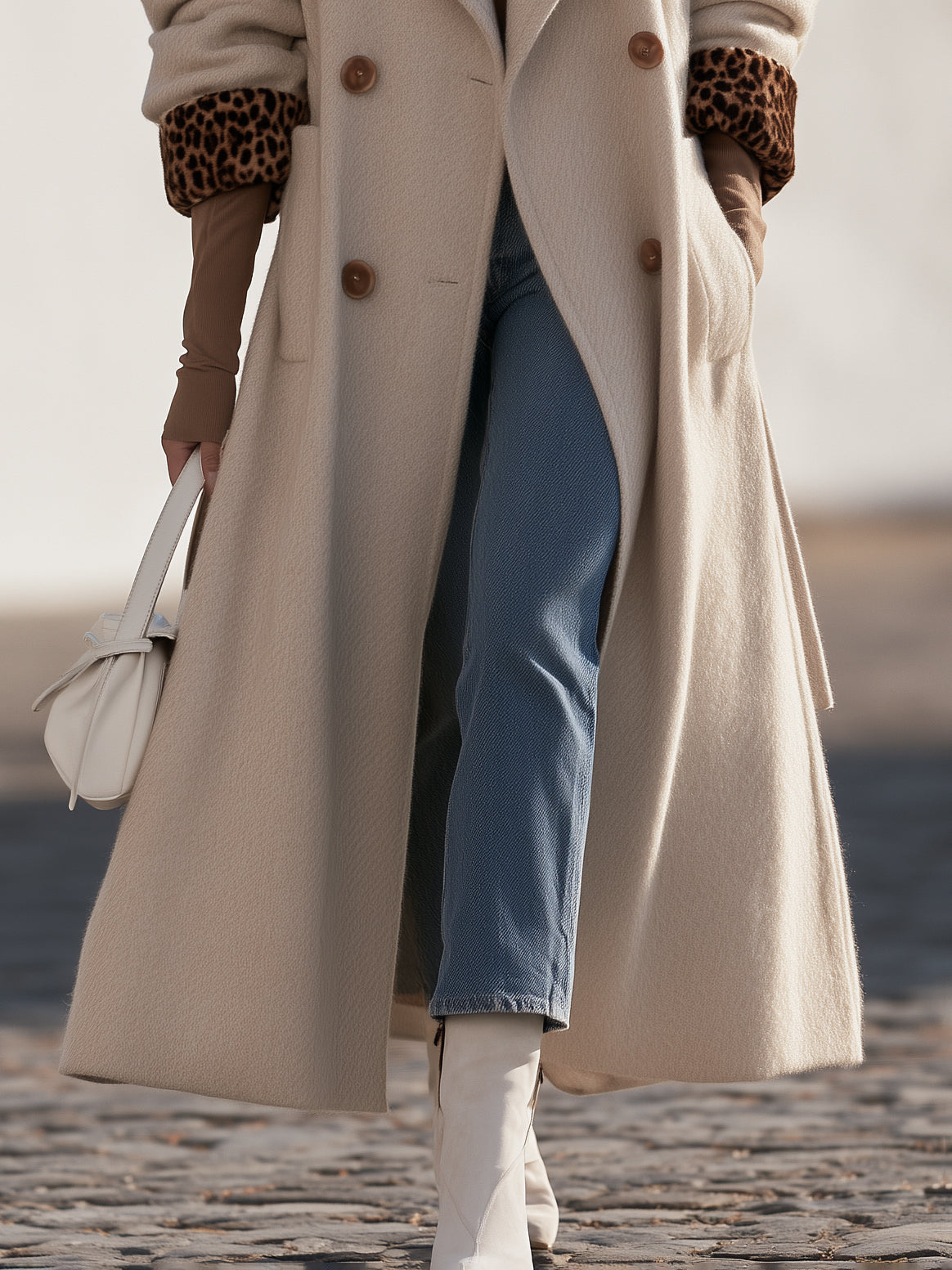 Chic Old Money Off White Leopard Cuff Double Breasted Long Coat