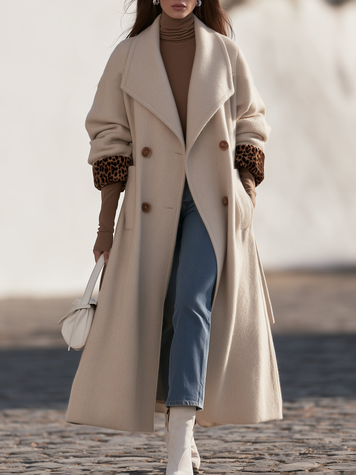 Chic Old Money Off White Leopard Cuff Double Breasted Long Coat