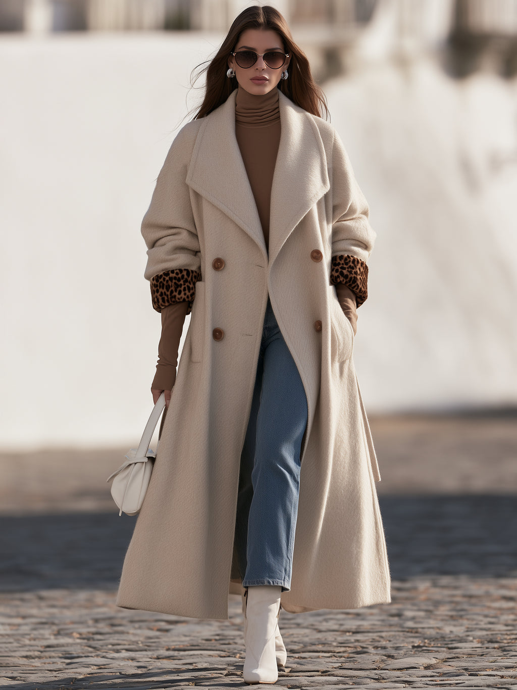 Chic Old Money Off White Leopard Cuff Double Breasted Long Coat