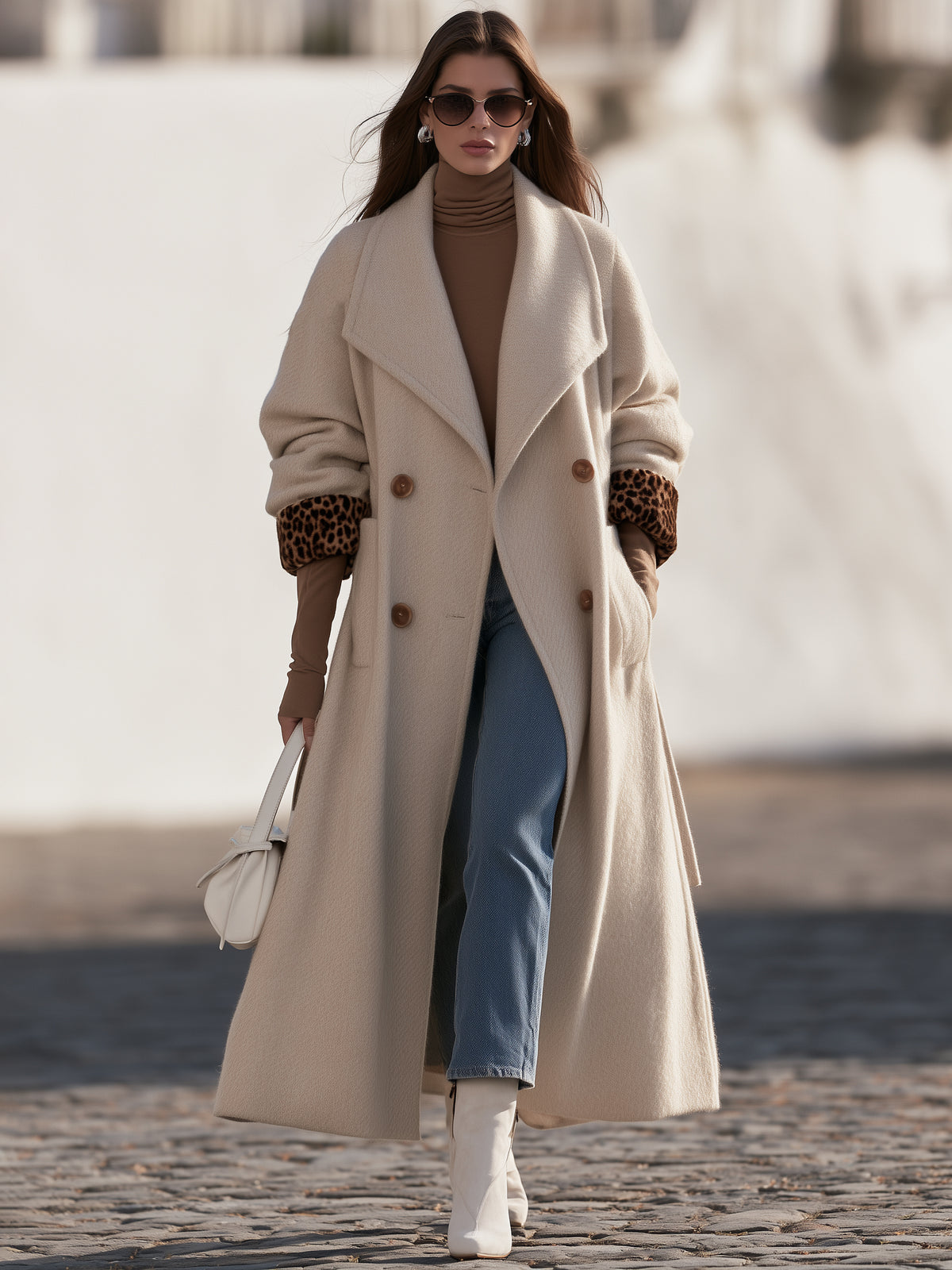 Chic Old Money Off White Leopard Cuff Double Breasted Long Coat