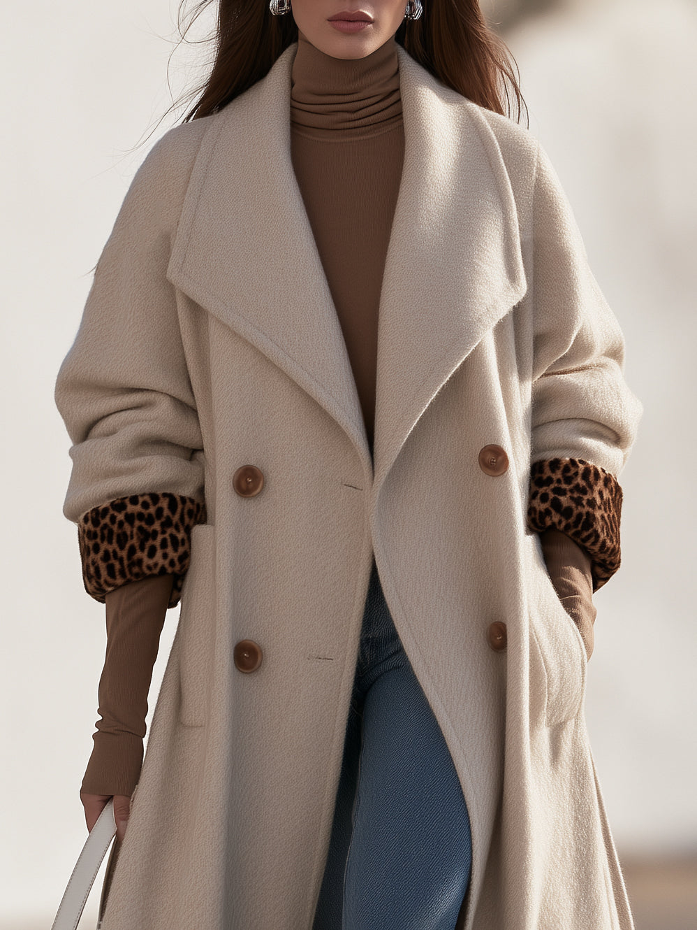 Chic Old Money Off White Leopard Cuff Double Breasted Long Coat