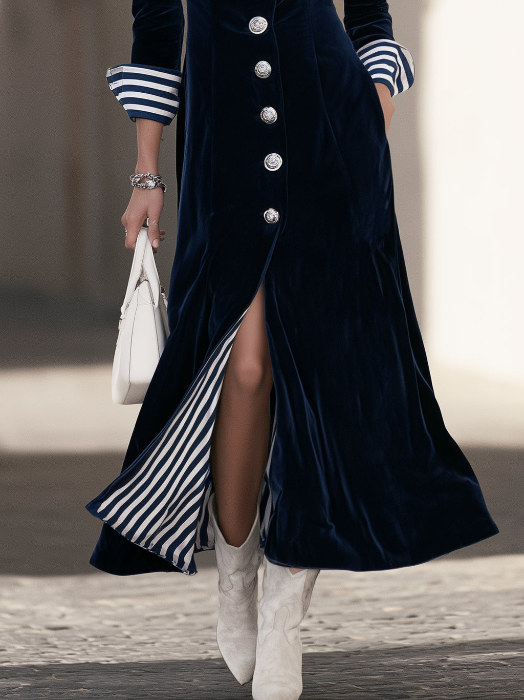 Nautical Vintage Navy Blue Velvet Stripe Lining Long Coat