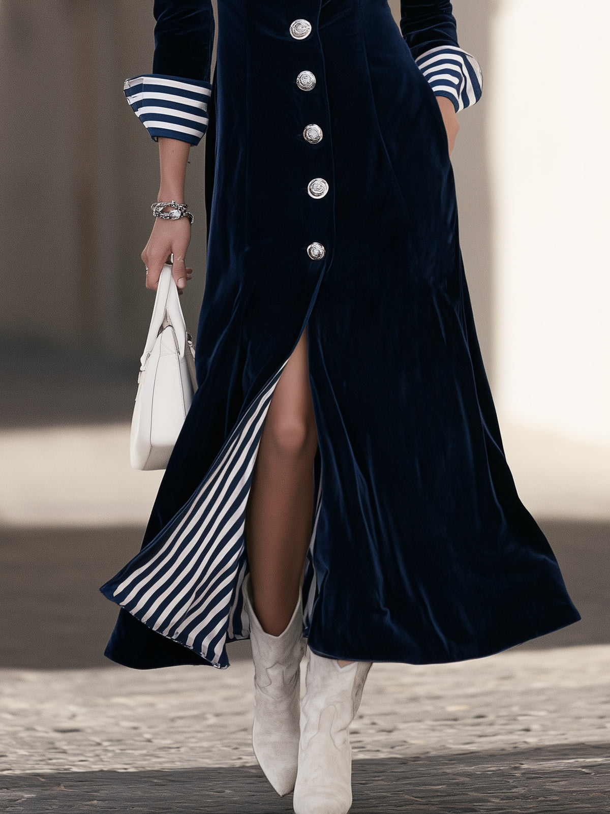 Nautical Vintage Navy Blue Velvet Stripe Lining Long Coat