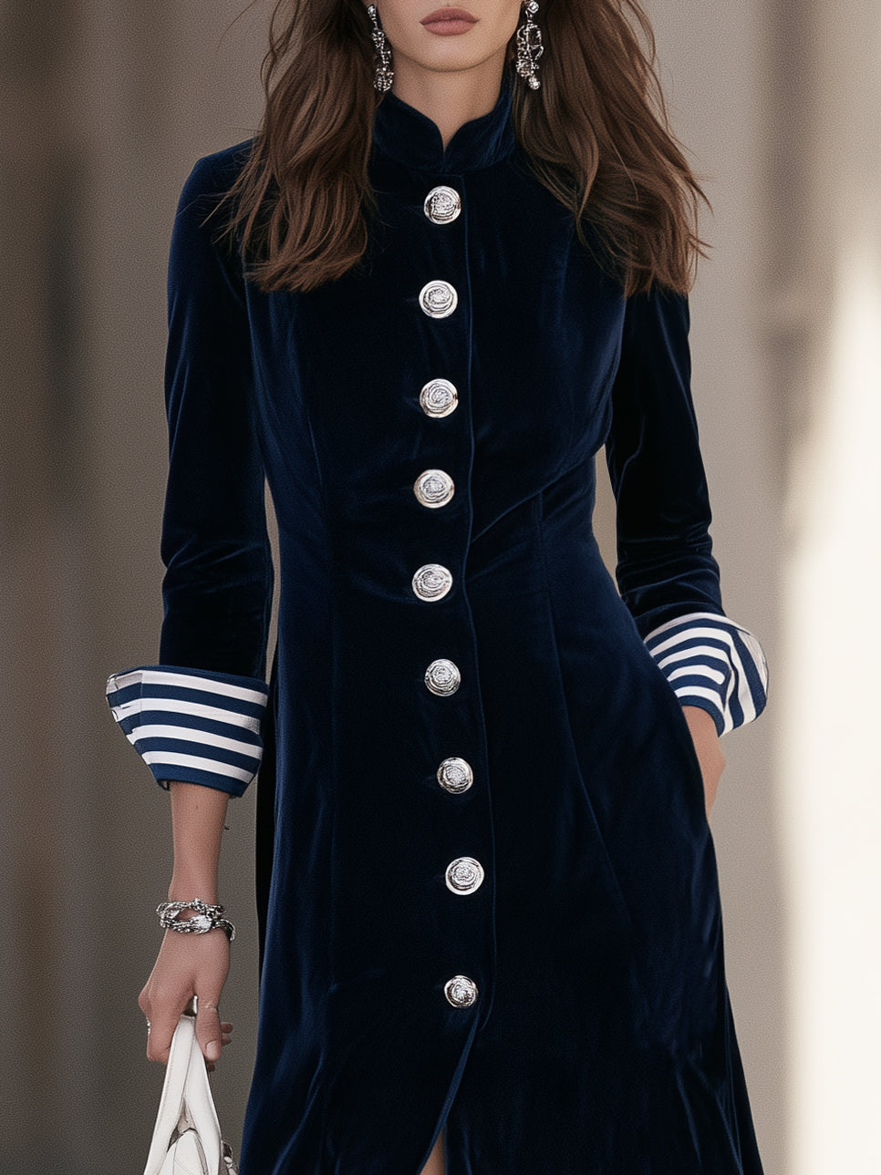 Nautical Vintage Navy Blue Velvet Stripe Lining Long Coat