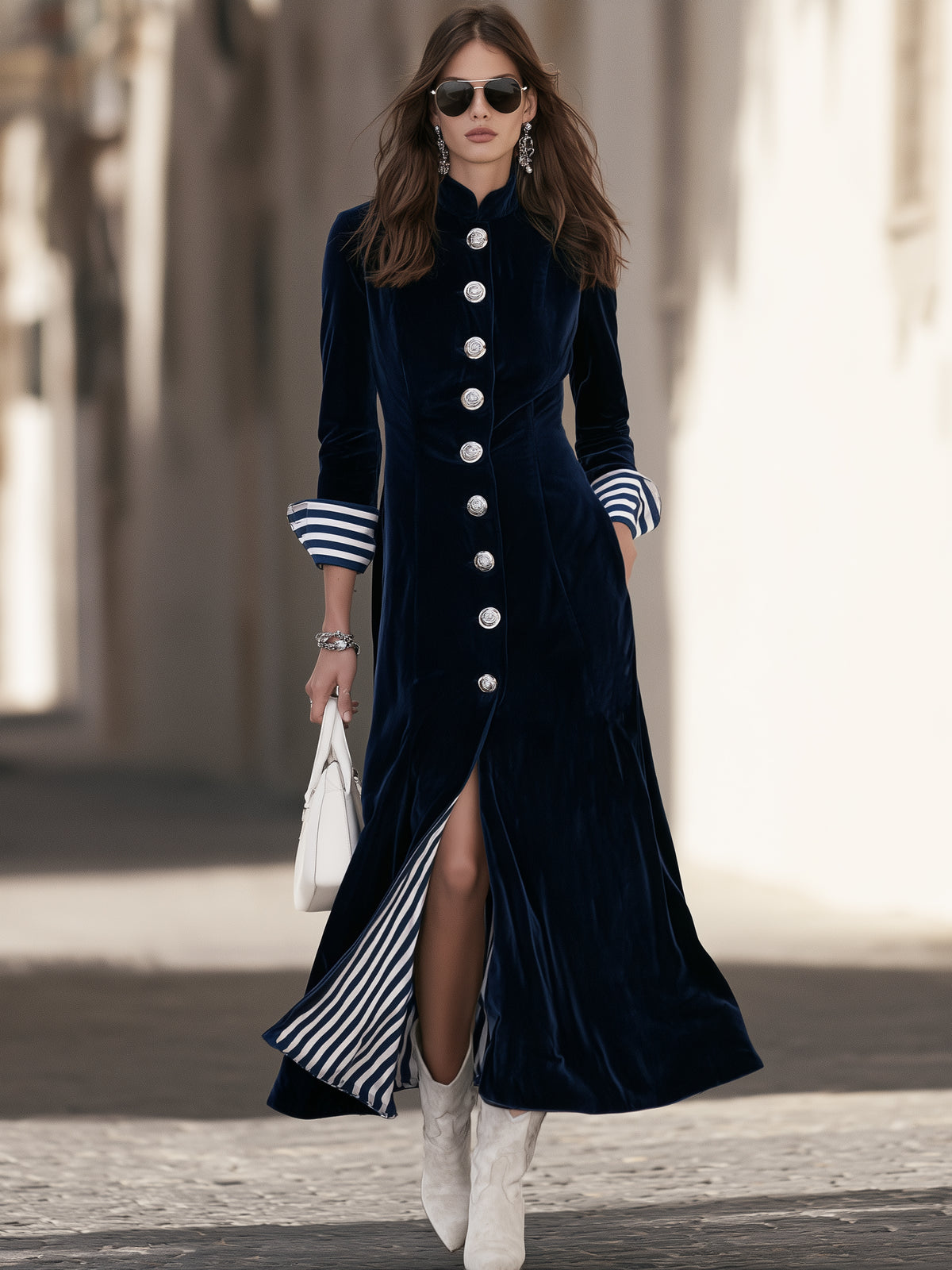 Nautical Vintage Navy Blue Velvet Stripe Lining Long Coat