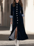 Nautical Vintage Navy Blue Velvet Stripe Lining Long Coat