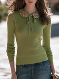 Elegant Vintage Grass Green Beaded Peter Pan Collar Knit Top