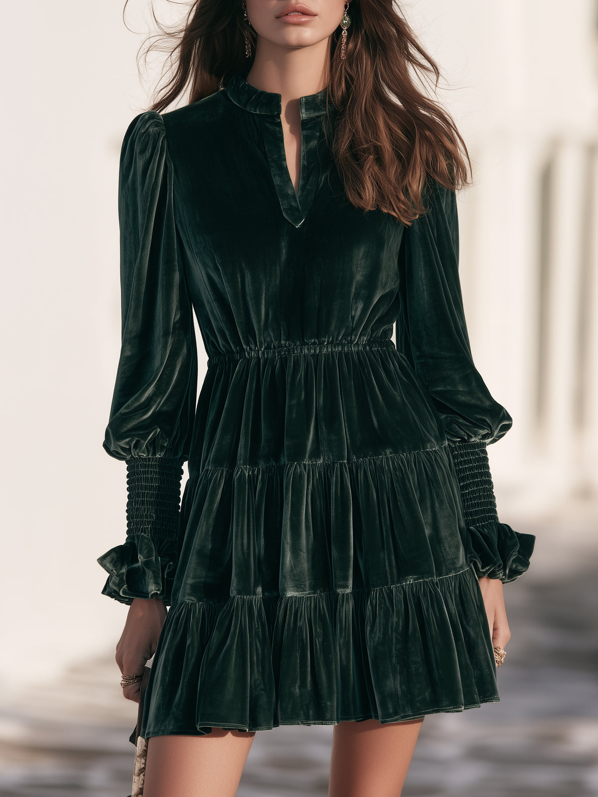 Romantic Old Money Dark Green Velvet Tiered Mini Dress