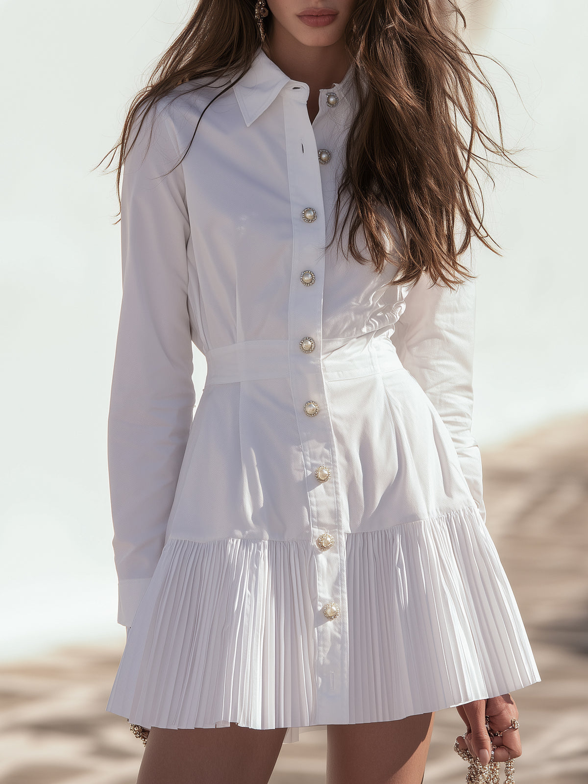 Chic Riviera White Pearl Button Pleated Shirt Mini Dress