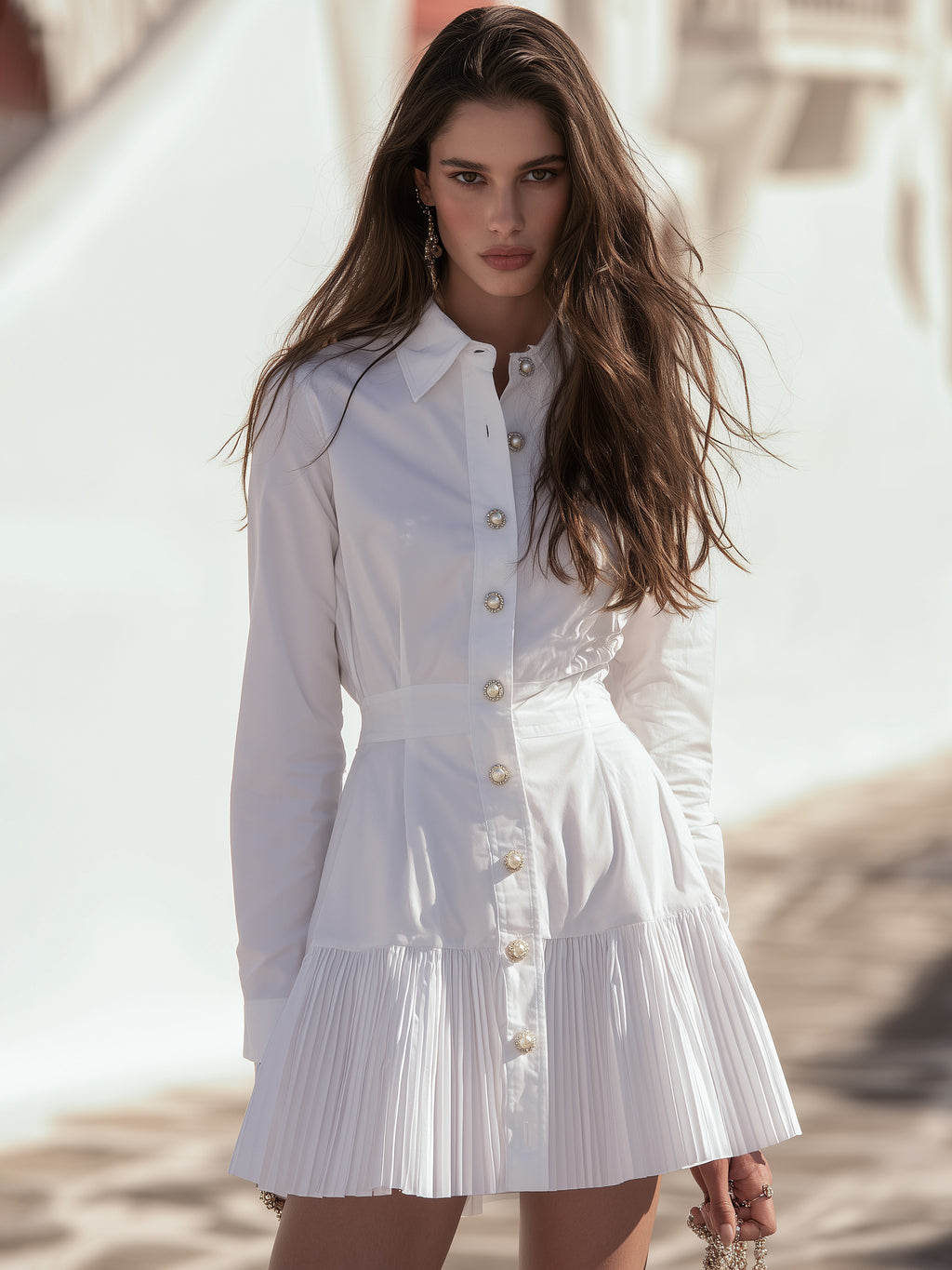 Chic Riviera White Pearl Button Pleated Shirt Mini Dress