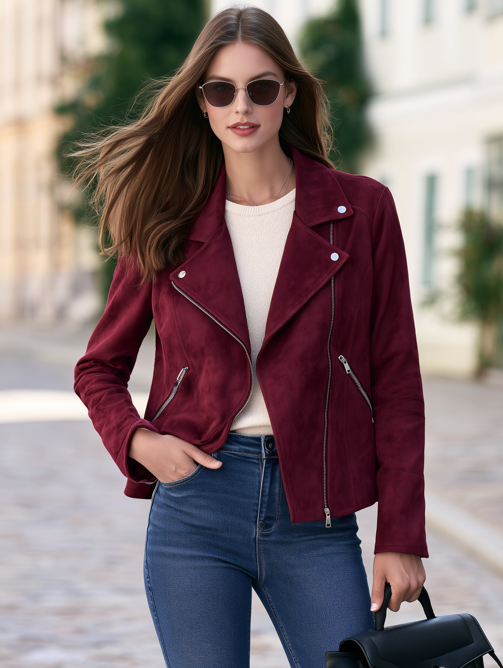 Faux Suede Asymmetric Zip Lapel Biker Cropped Jacket