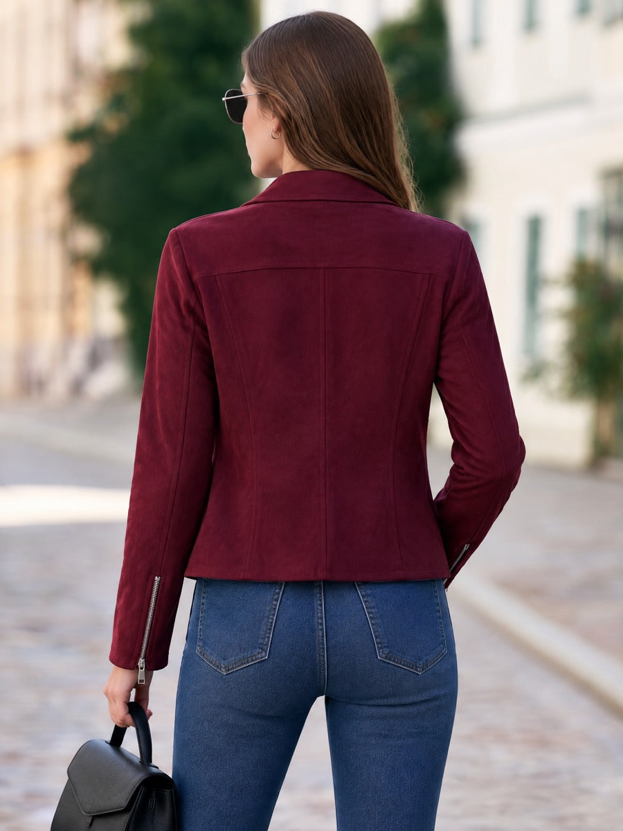 Faux Suede Asymmetric Zip Lapel Biker Cropped Jacket