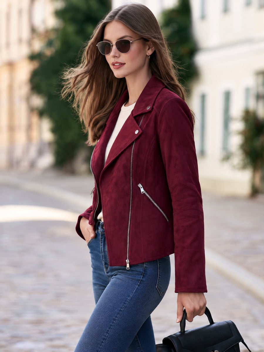 Faux Suede Asymmetric Zip Lapel Biker Cropped Jacket