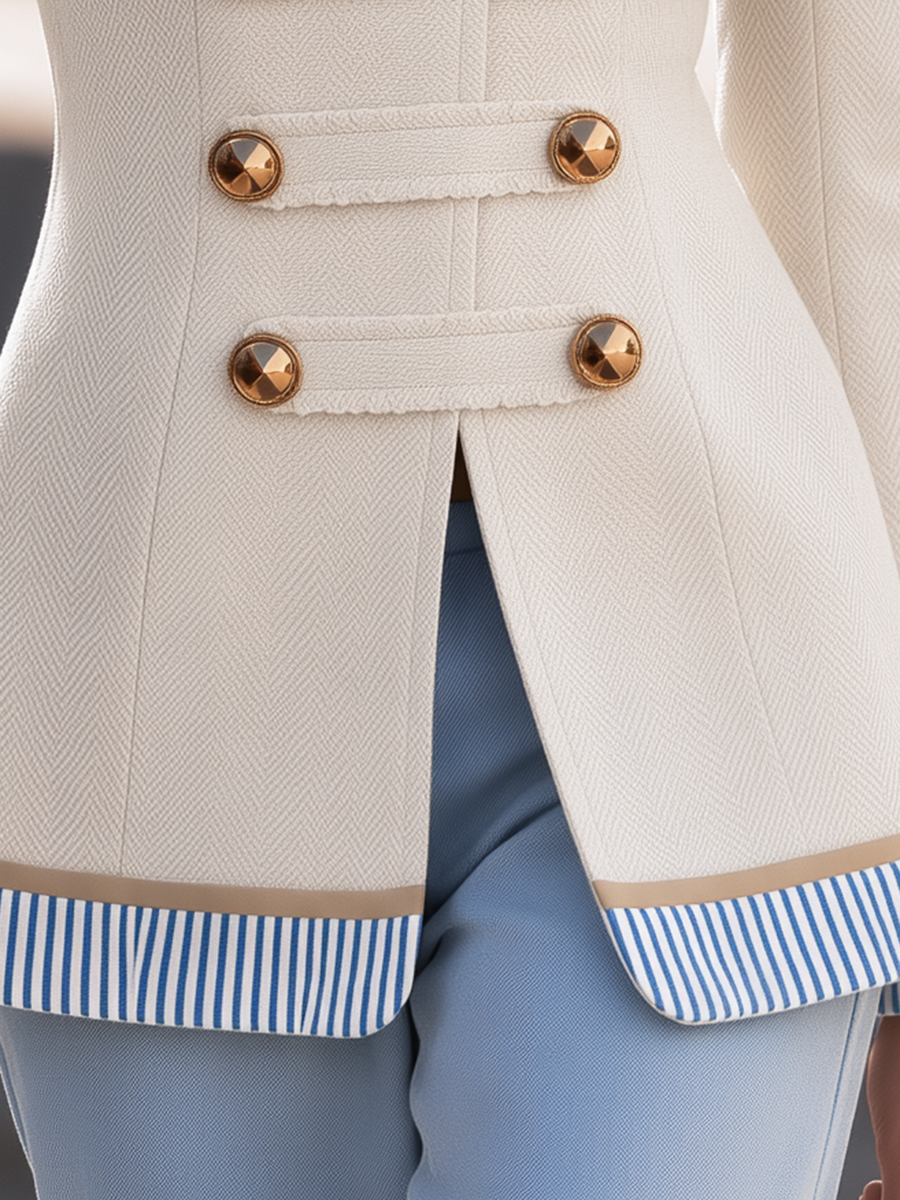 Resort-style Striped Lapel Long-sleeved Double-breasted Blazer