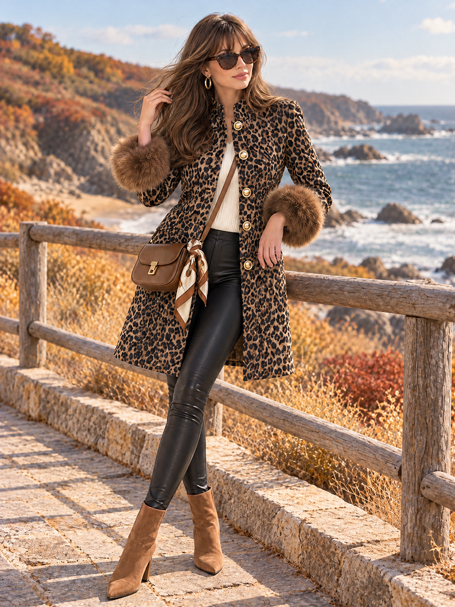 Leopard Print Stand Collar Faux Fur Cuff Gold Button Mid-Length Coat