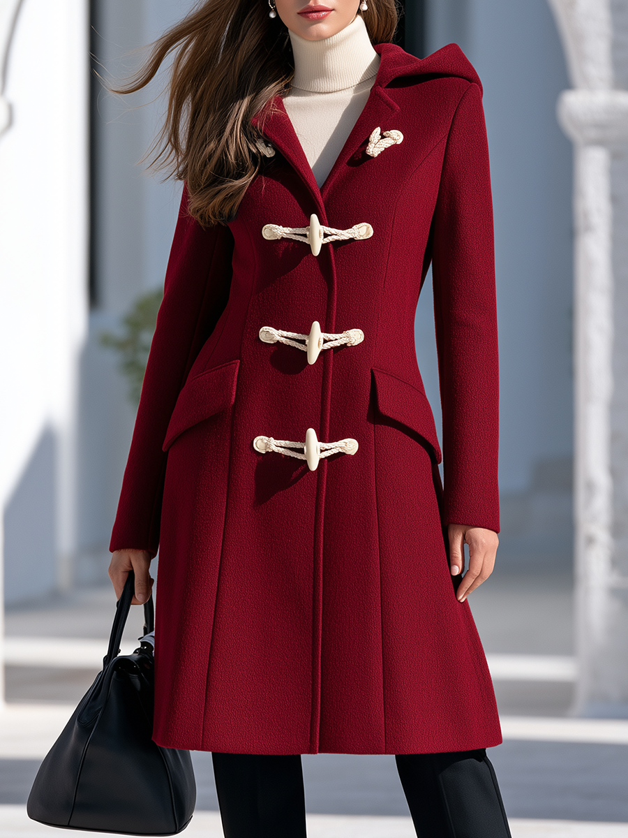 Women's Burgundy Hooded Toggle Duffle Coat