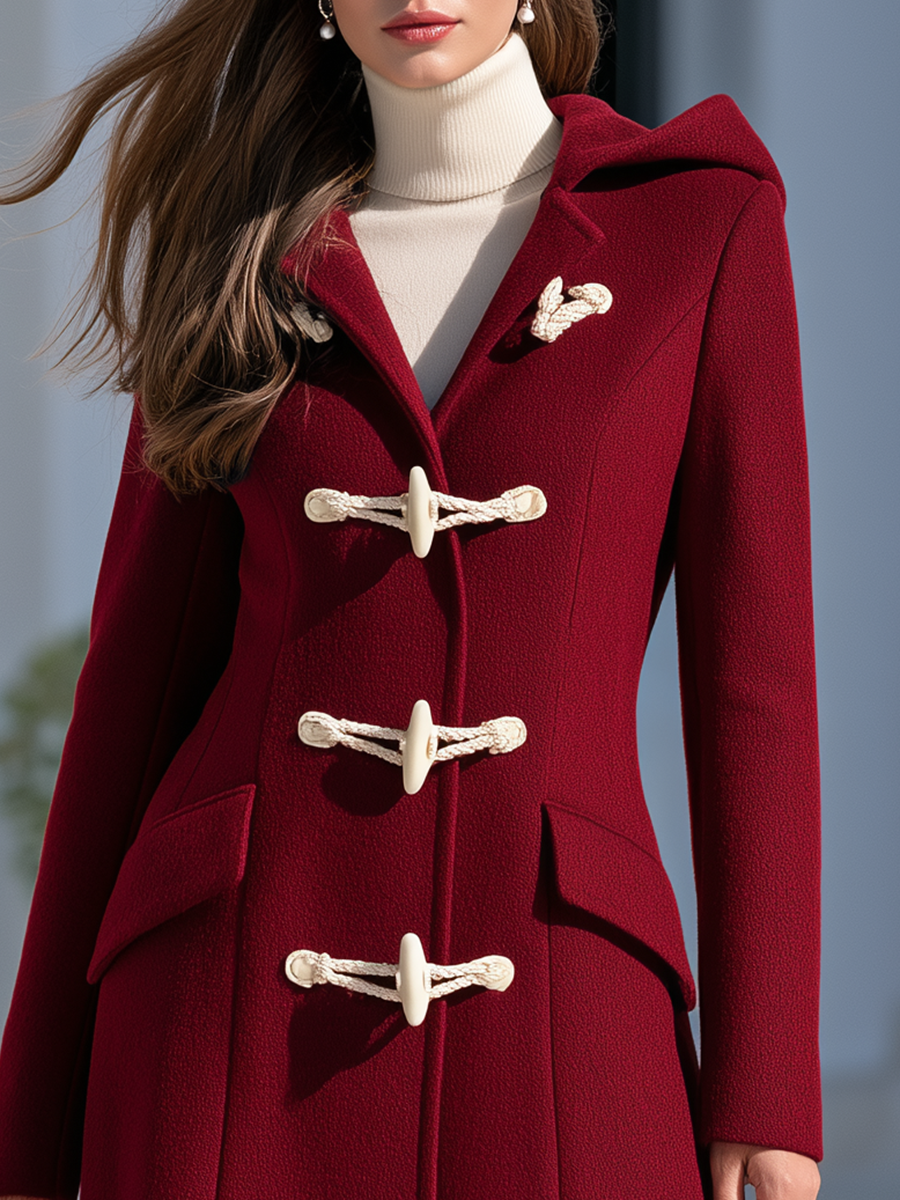 Women's Burgundy Hooded Toggle Duffle Coat