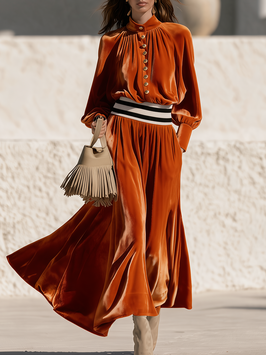 Retro Stand Collar Striped Waistband Burnt Orange Velvet Maxi Dress