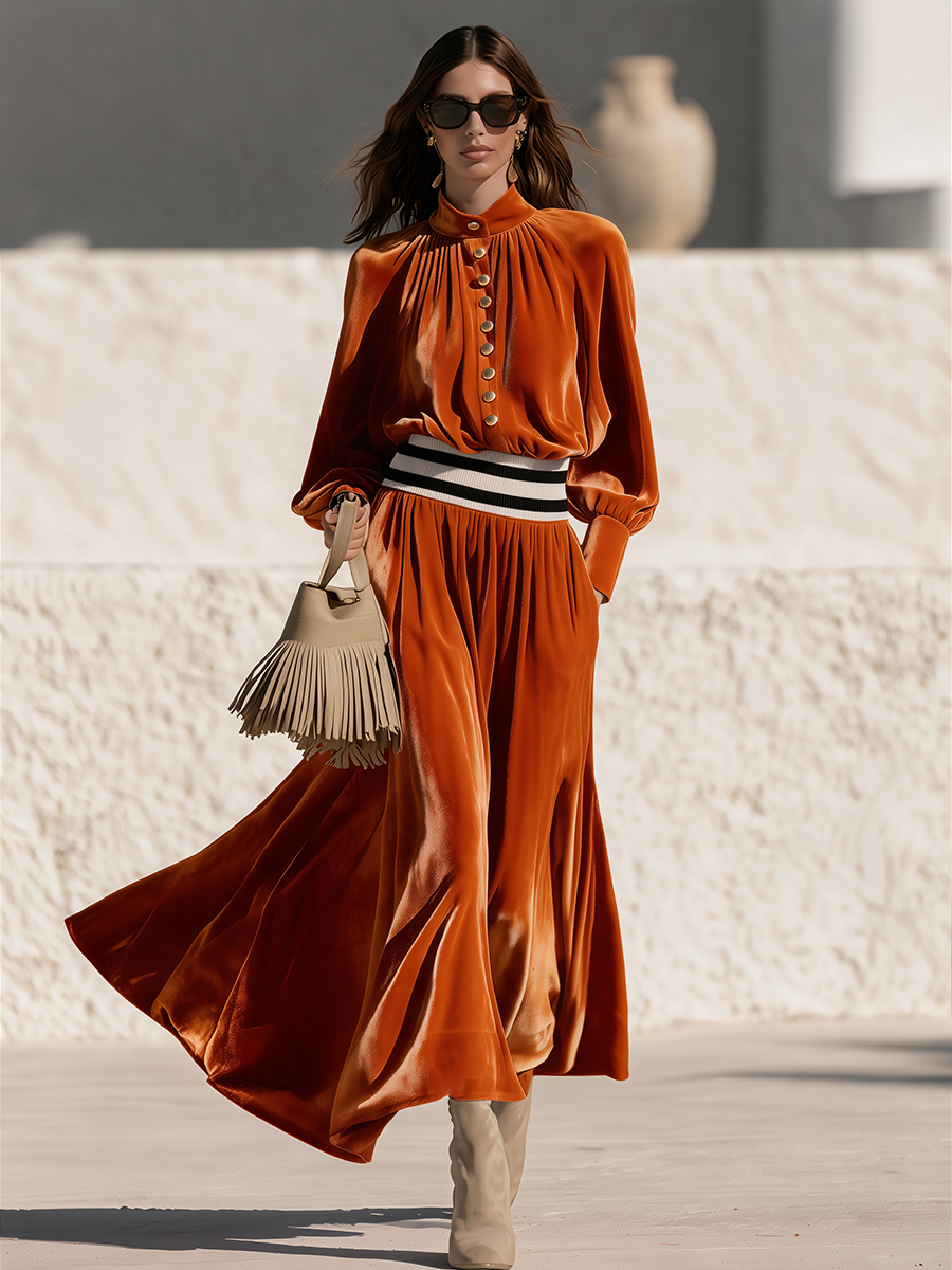 Retro Stand Collar Striped Waistband Burnt Orange Velvet Maxi Dress