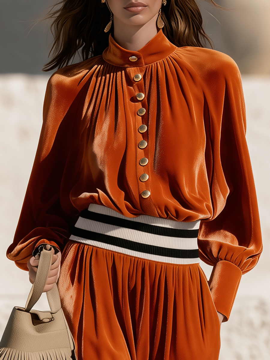 Retro Stand Collar Striped Waistband Burnt Orange Velvet Maxi Dress
