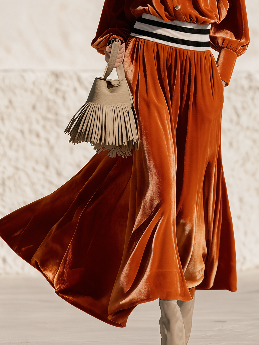 Retro Stand Collar Striped Waistband Burnt Orange Velvet Maxi Dress