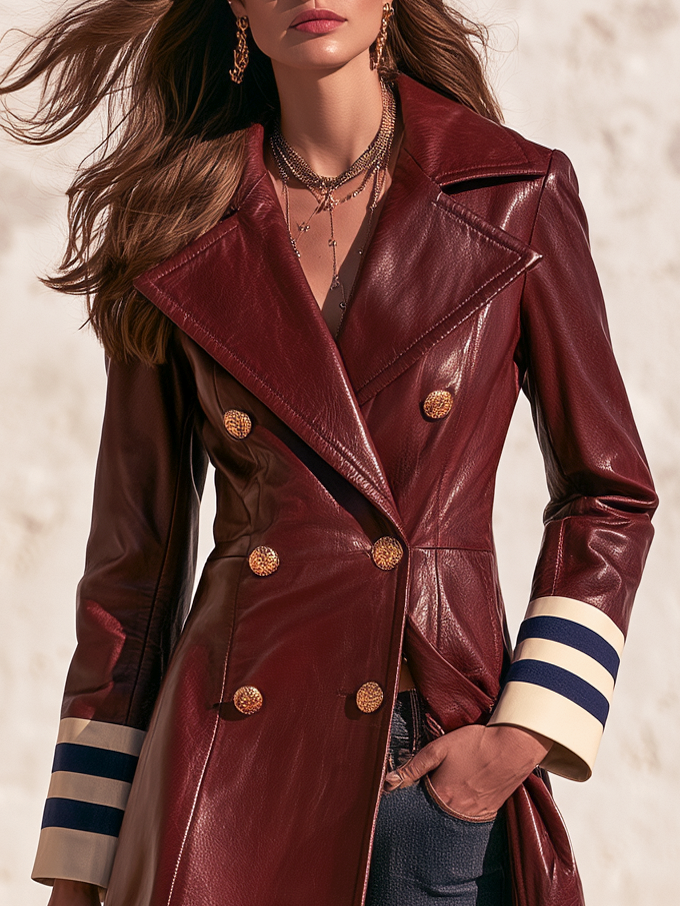 Double-breasted Solid Color Faux Leather Coat