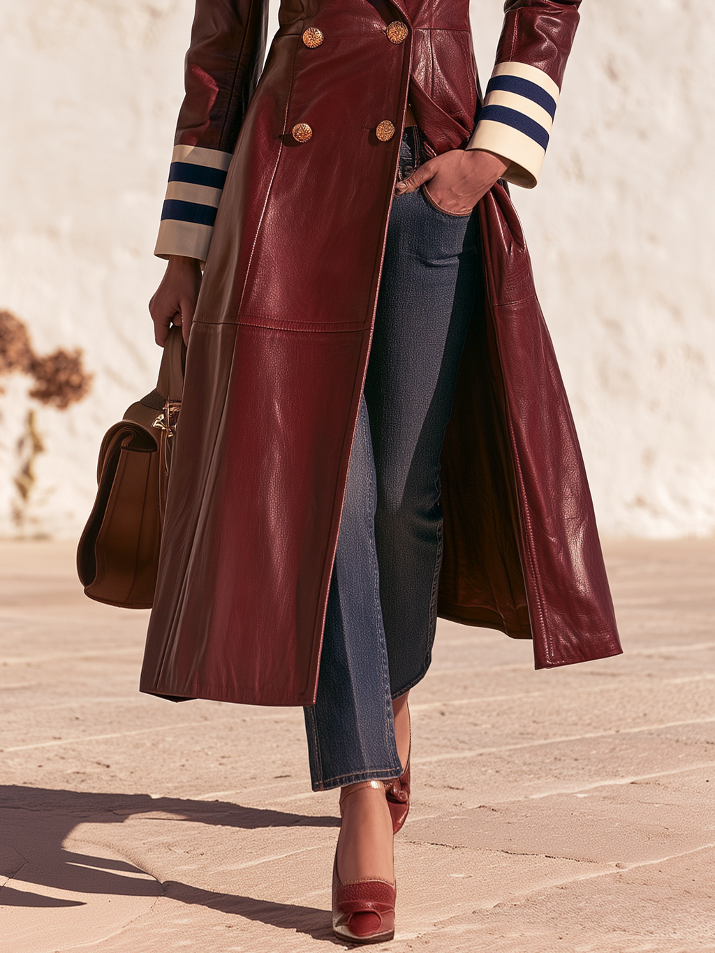 Double-breasted Solid Color Faux Leather Coat