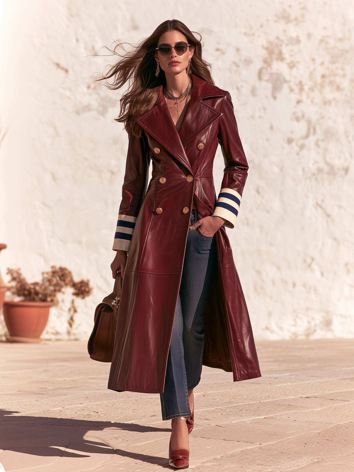 Double-breasted Solid Color Faux Leather Coat