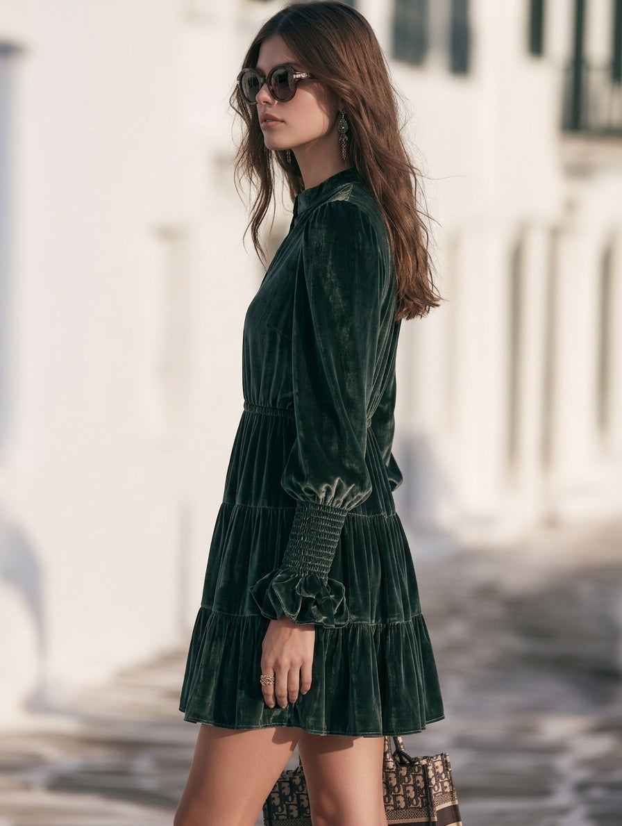 Romantic Old Money Dark Green Velvet Tiered Mini Dress