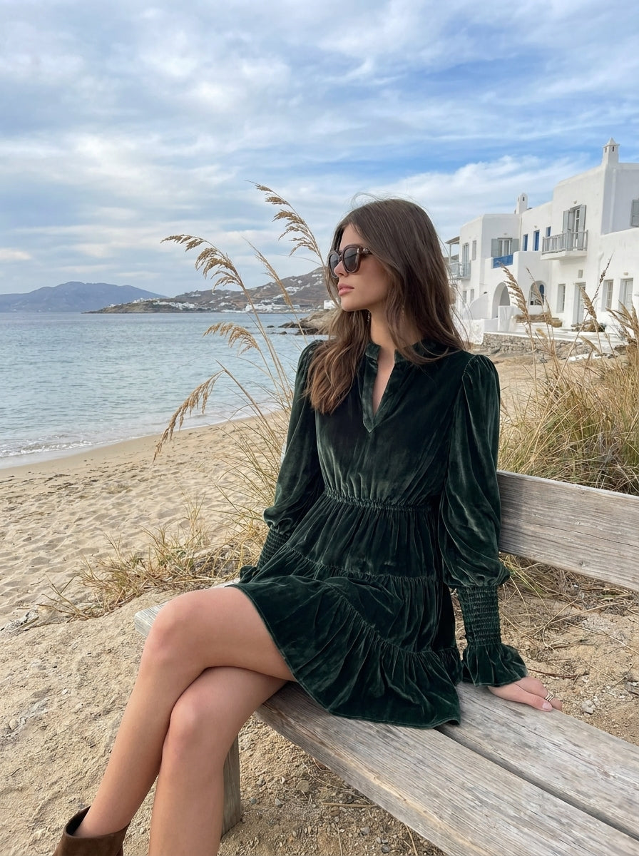 Romantic Old Money Dark Green Velvet Tiered Mini Dress
